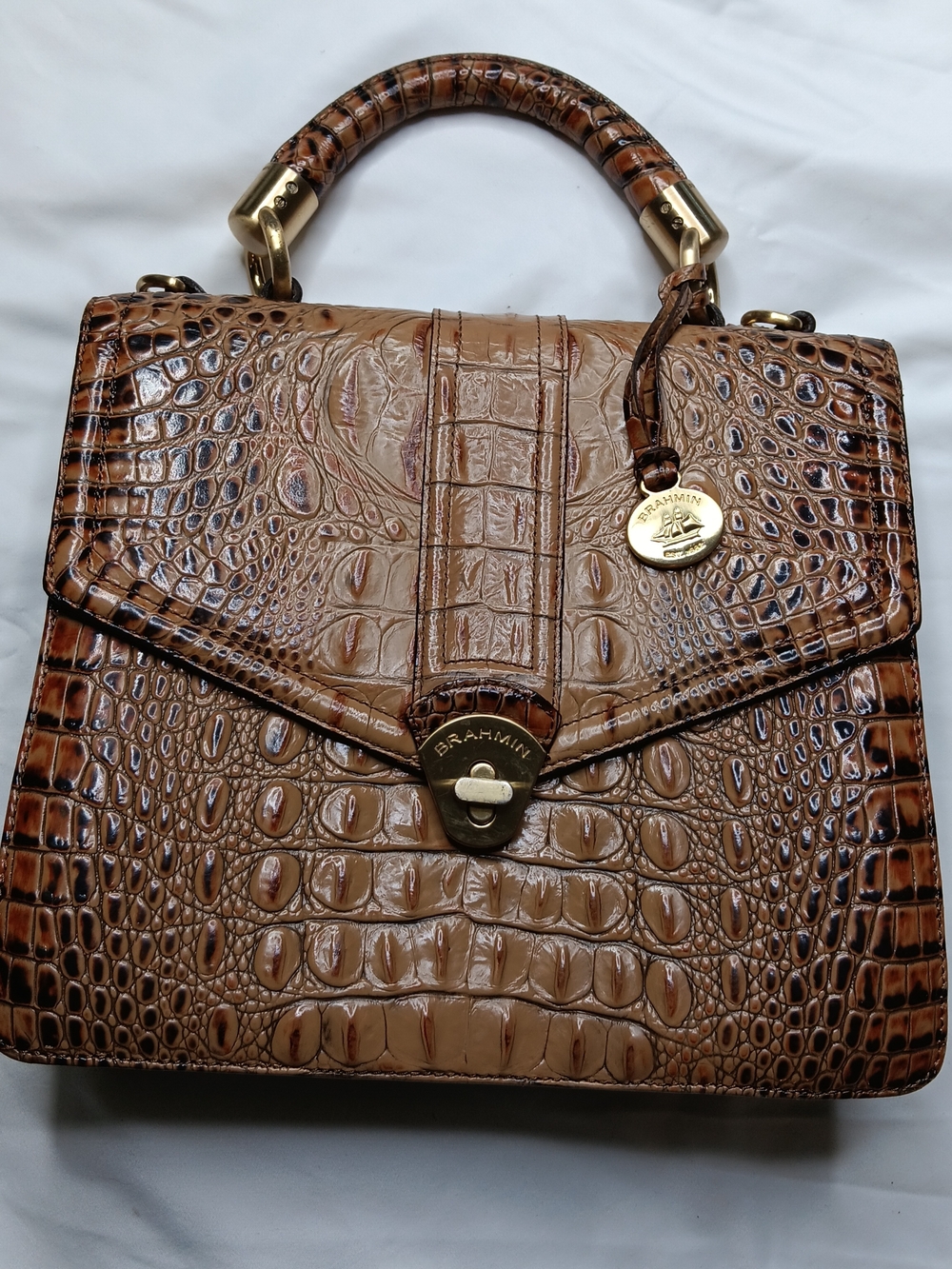 Brahmin Brown Croc-Embossed Top-Handle Satchel with Gold Hardware